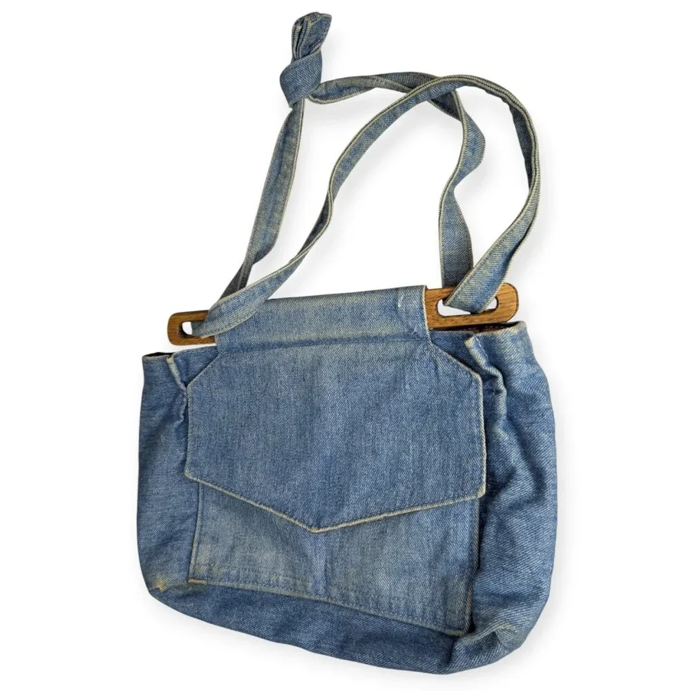 Ozark Mountain Handbags Casual Blue Denim Tote with Wooden Handles Plaid Lining